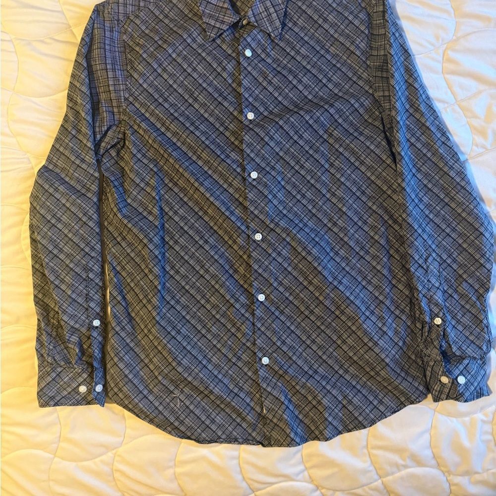 Perry Ellis Black Plaid Casual Shirt gray M